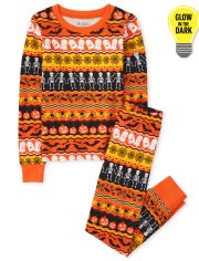 C13-03-0139 Unisex Kids Matching Family Glow Halloween Fairisle Snug Fit Cotton Pajamas Orange